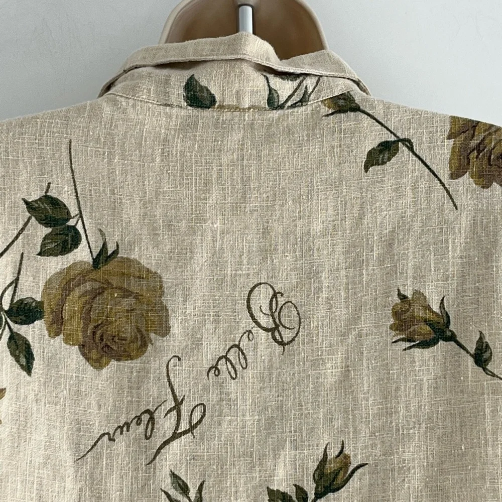 Sweet Jessie 100% Linen Neutral Floral Short Sleeve Button Up Shirt Top Size L